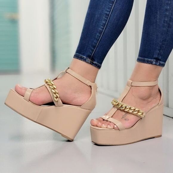 Women's Gold Chain High Wedge Platform Nude Color - Picture 1 of 4